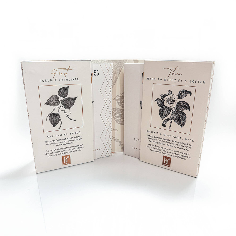 Oat Facial Scrub and Rosehip & Clay Facial Mask envelopes from the Face Treatment Duo