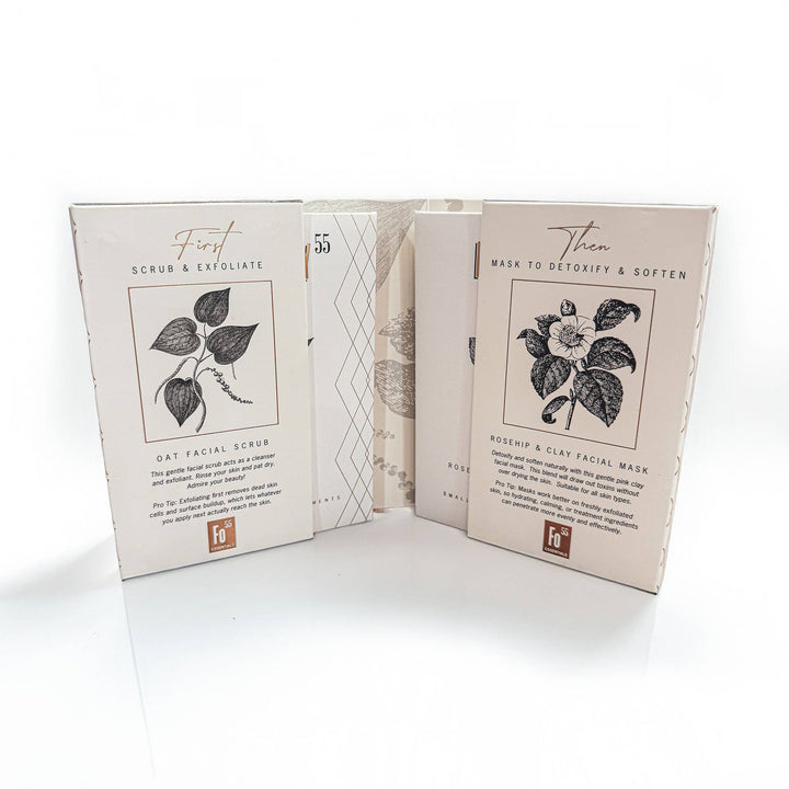 Oat Facial Scrub and Rosehip & Clay Facial Mask envelopes from the Face Treatment Duo