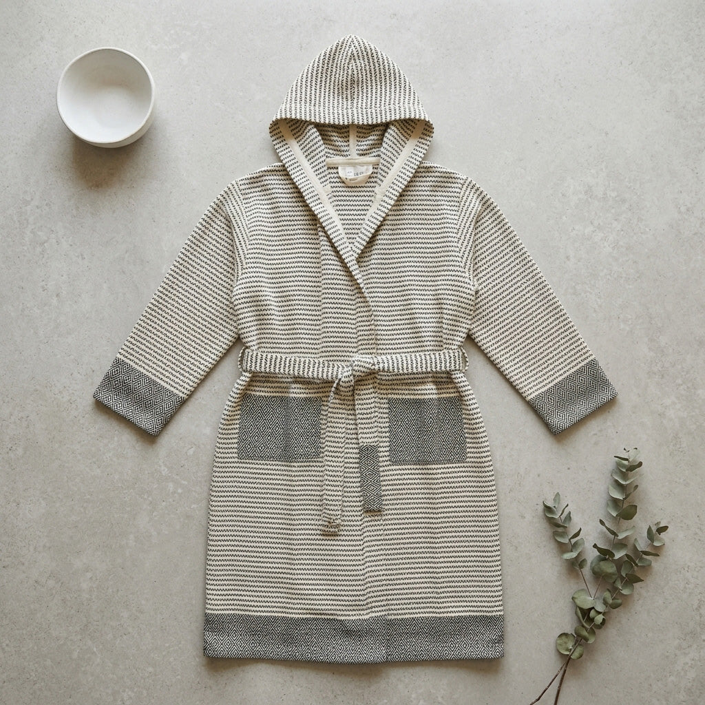 Black & White Hand Woven Turkish Cotton Hooded Robe