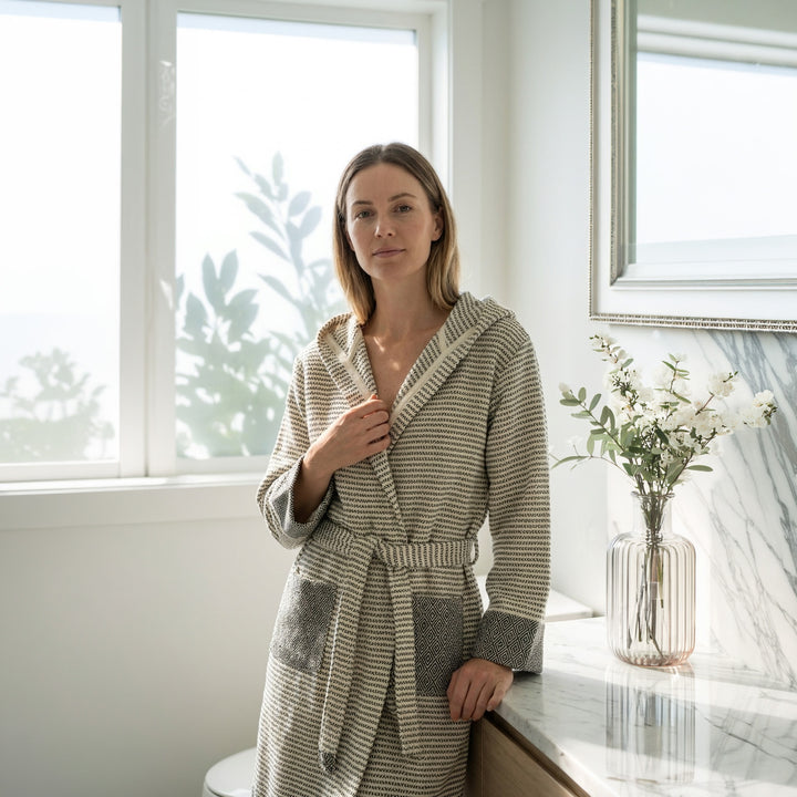 Black & White Hand Woven Turkish Cotton Hooded Robe