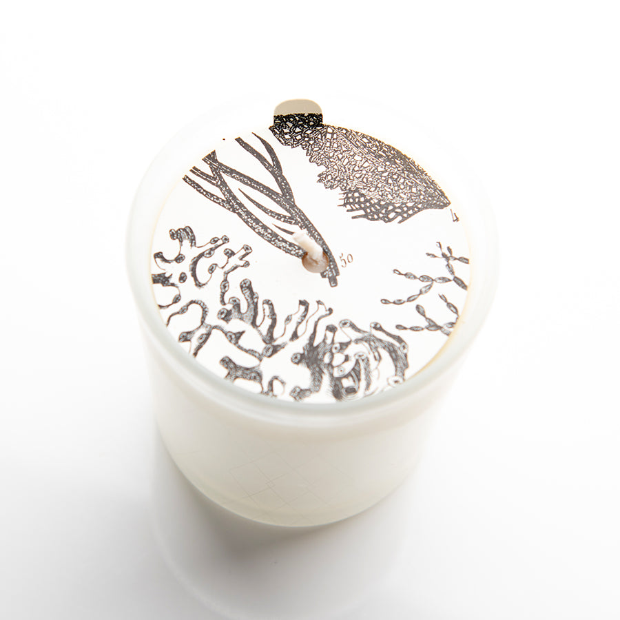 A white candle with a decorated top featuring intricate black illustrations of a tree branch, leaves, and abstract shapes. The candle has a textured exterior and sits on a white surface.