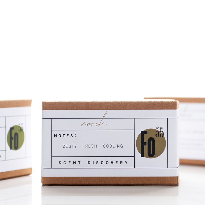 A rectangular box with a white label is shown. The label reads "march" in cursive at the top, with "NOTES: ZESTY FRESH COOLING" and "SCENT DISCOVERY" below. The label also contains "Fo 55" in bold against a green circle. The box is against a white background.